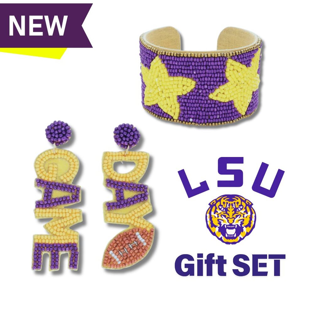 LSU Jewelry Football Fan Gift Set - Beaded Cuff Bracelet - Bead GAMEDAY Earrings